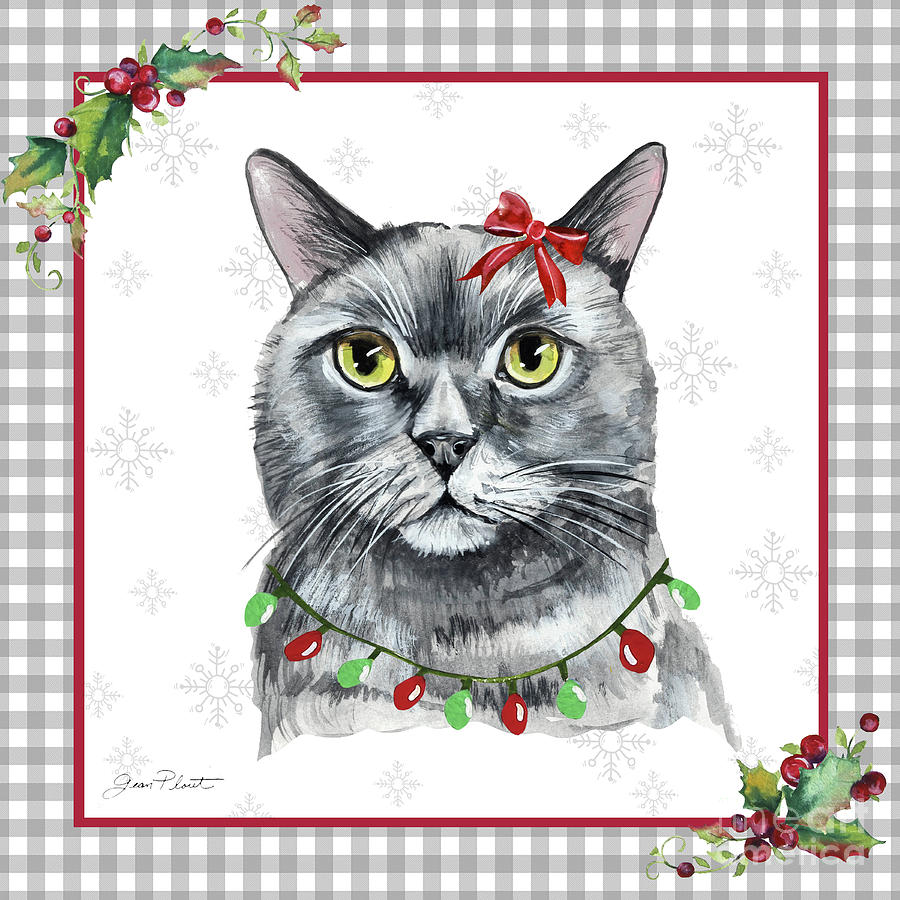 Plaid Christmas Cat C Painting by Jean Plout