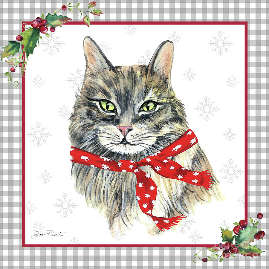 Plaid Christmas Cat F Painting by Jean Plout