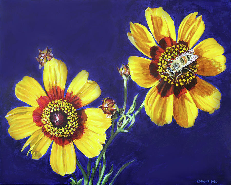 Plains Coreopsis with Honeybee Painting by Karl Wagner