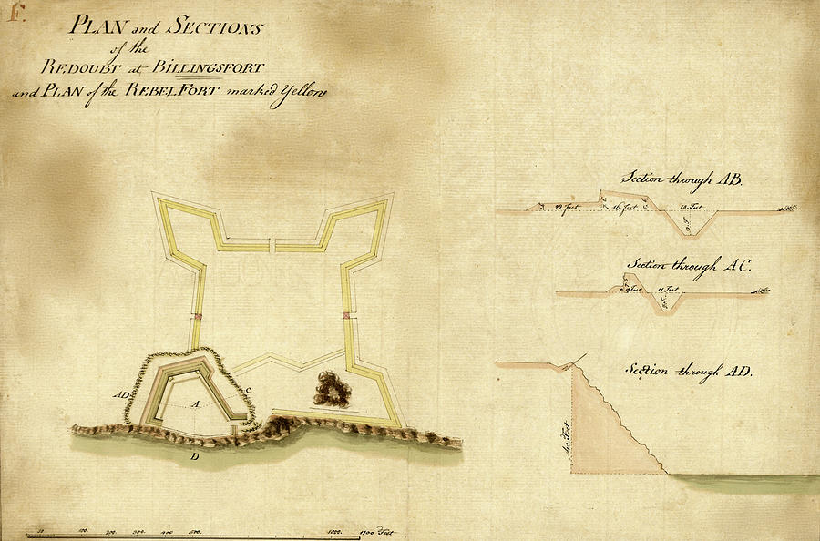 Map Drawing - Plan and sections of the redoubt at Billingsfort 1777 by Vintage Military Maps