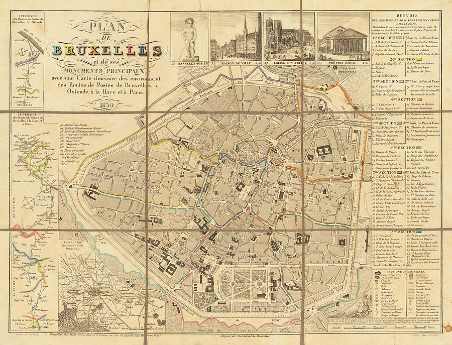 Plan De Bruxelles Et De Ses Monuments Principaux Avec Une Carte Itineraire Des Environs Et Des Routes De Potes De Bruxelles A Ostende A La Haye Et A Paris Brussels Painting By