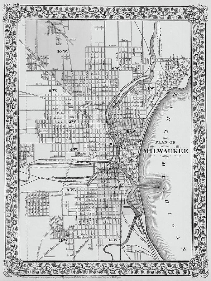 Plan of Milwaukee 1880 Historical Map Wisconsin in Black and White Photograph by Toby McGuire