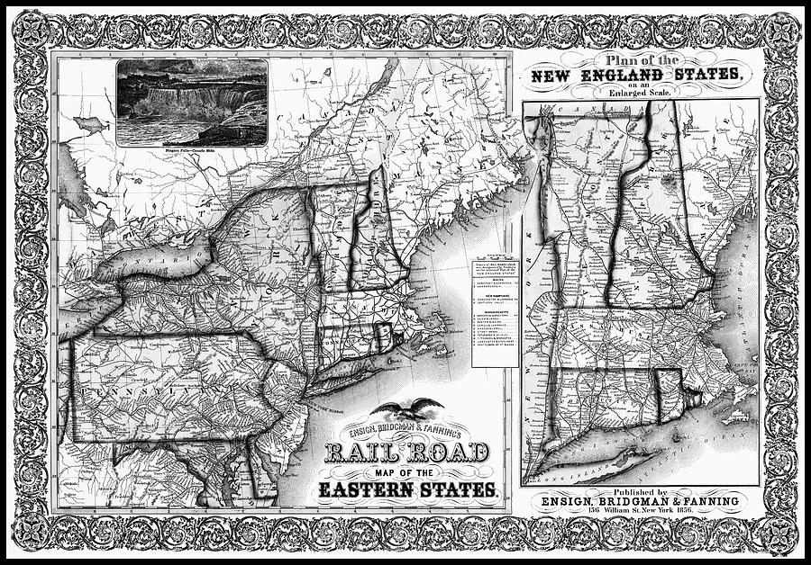 Massachusetts Map Photograph - Plan of The New England States and Eastern States Railroad Map 1856 Black and White  by Carol Japp