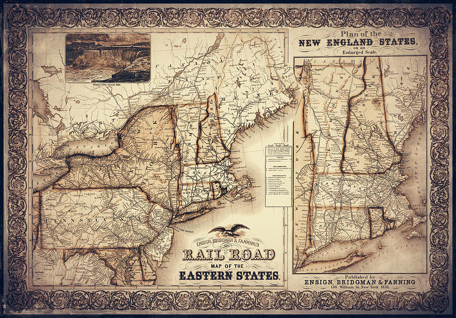Massachusetts Map Photograph - Plan of The New England States and Eastern States Railroad Map 1856 Sepia by Carol Japp