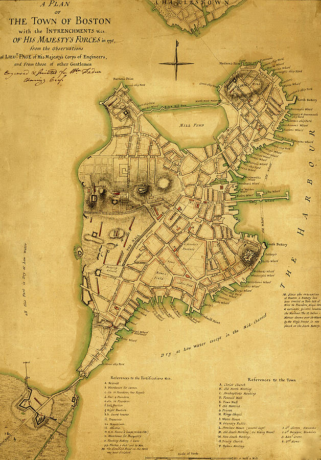 Map Drawing - Plan of the town of Boston with British entrenchments 1775 by Vintage Military Maps