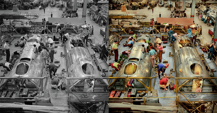 Plane - Factory - Mechanically inclined 1942 - Side by Side Photograph by Mike Savad