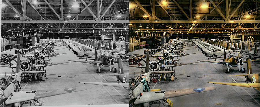 Plane - Factory - The worlds fastest production line 1942 - Side by Side Photograph by Mike Savad