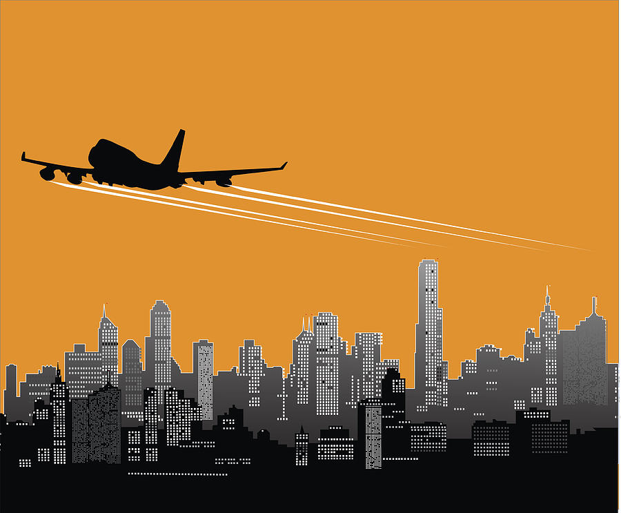 Plane taking off against an orange and gray cityscape Drawing by LockieCurrie