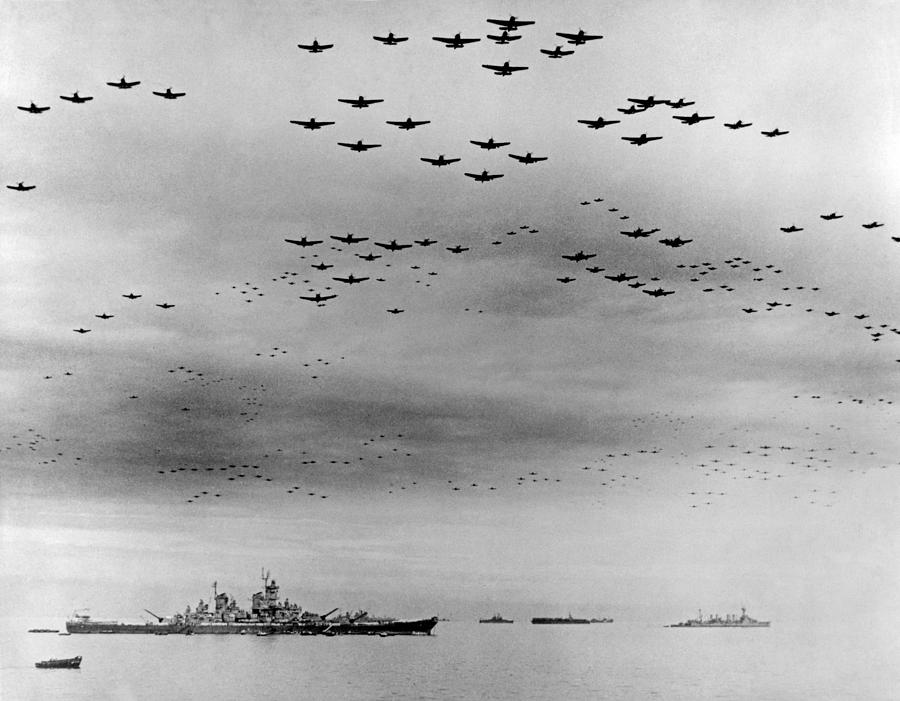 Airplane Photograph - Planes Flying In Formation Over Allied Fleets - Surrender Of Japan - 1945 by War Is Hell Store