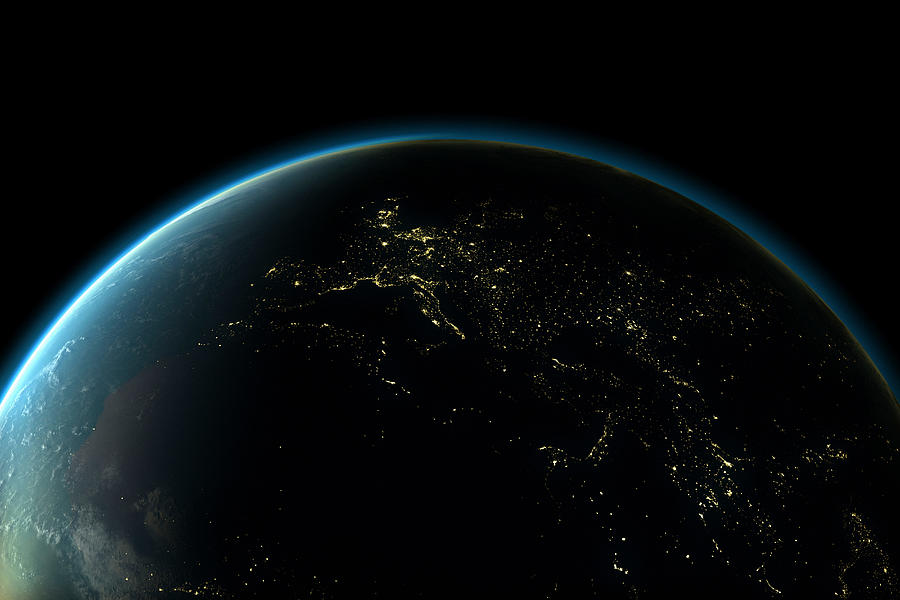 Planet earth with lights of Europe at night Drawing by Image Source