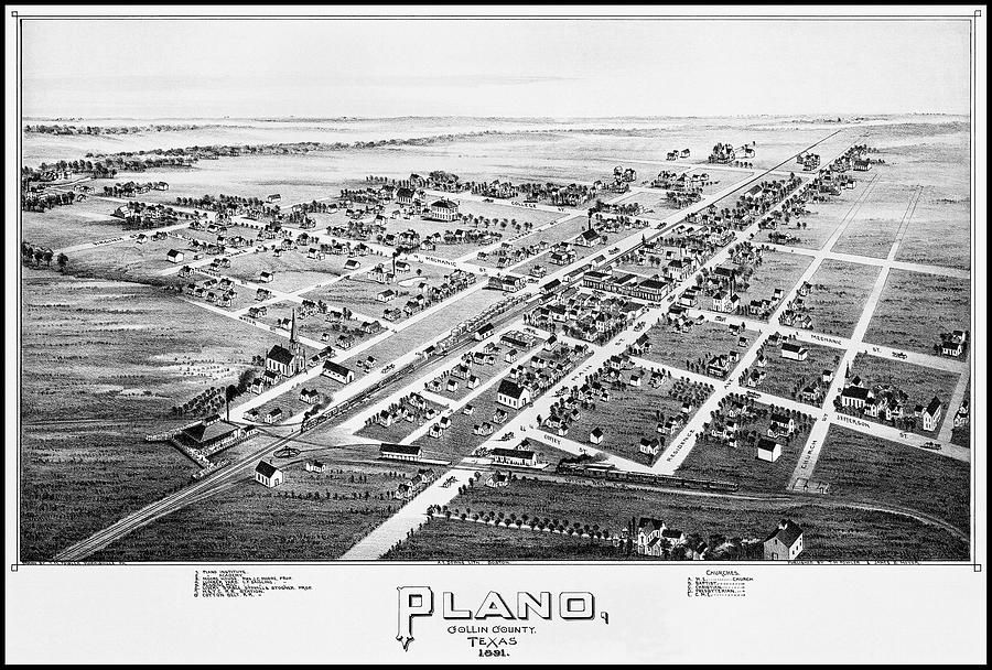 Plano Photograph - Plano Texas Vintage Map Birds Eye View 1891 Black and White  by Carol Japp
