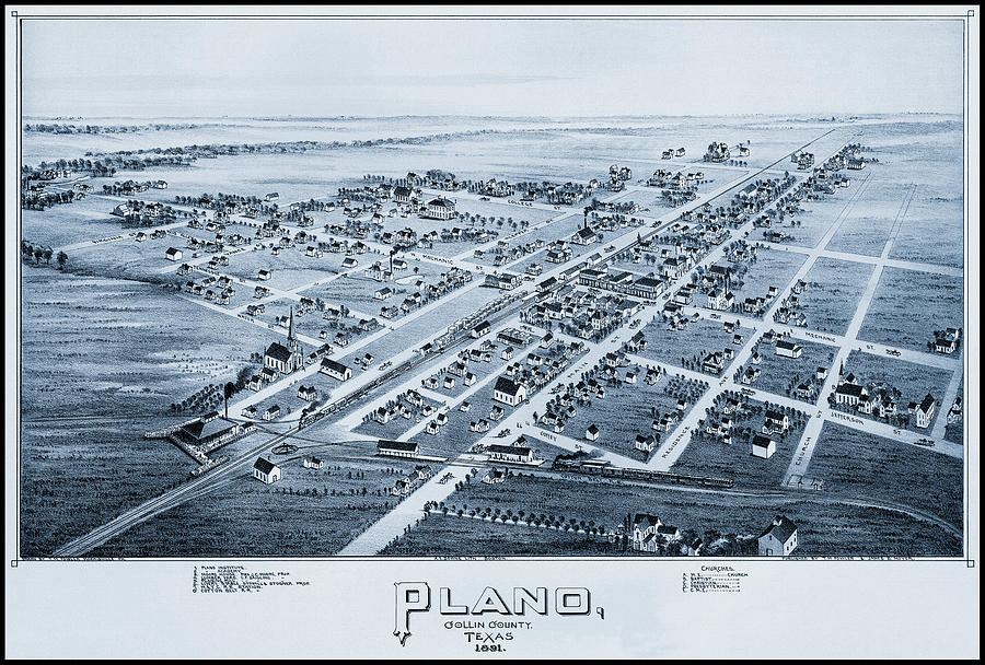 Plano Photograph - Plano Texas Vintage Map Birds Eye View 1891 Blue by Carol Japp