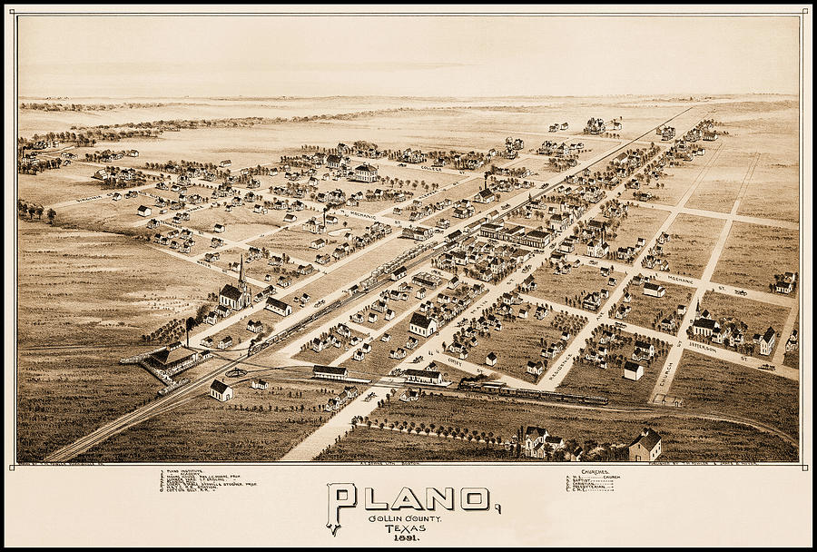 Plano Photograph - Plano Texas Vintage Map Birds Eye View 1891 Sepia  by Carol Japp