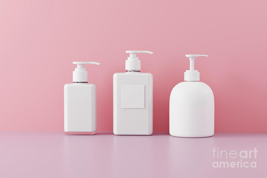 Plastic containers with soap, shampoo or any body care product. Photograph by Michal Bednarek