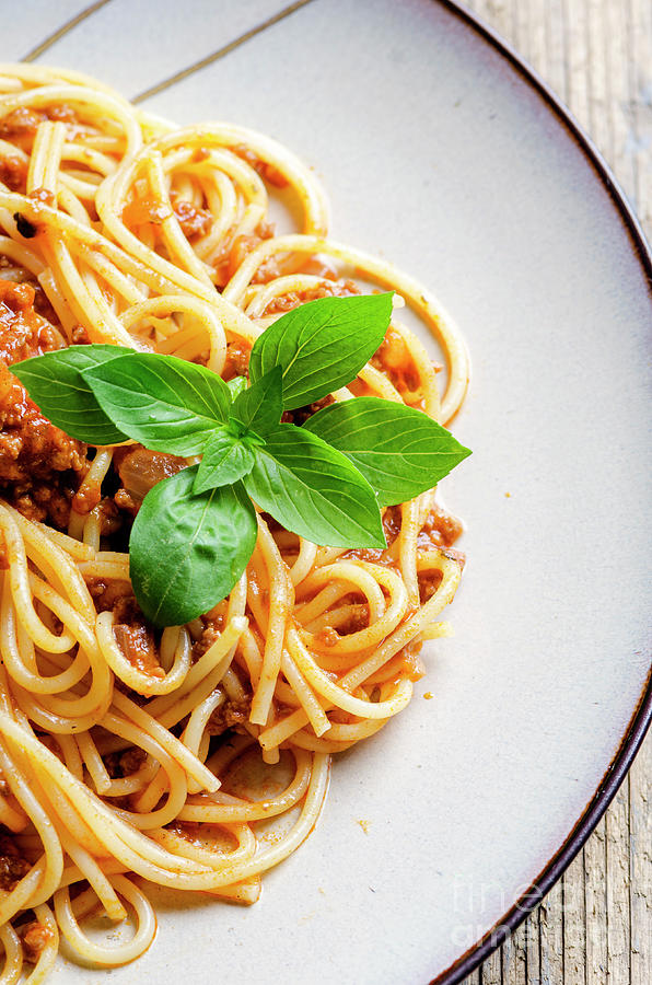 Plate Of Spaghetti Bolognese From Above. Italian Pasta With Meat Photograph