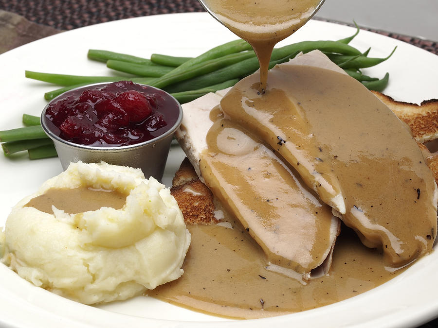 Plate of turkey with gravy, mashed potatoes and green beans Photograph by Cislander