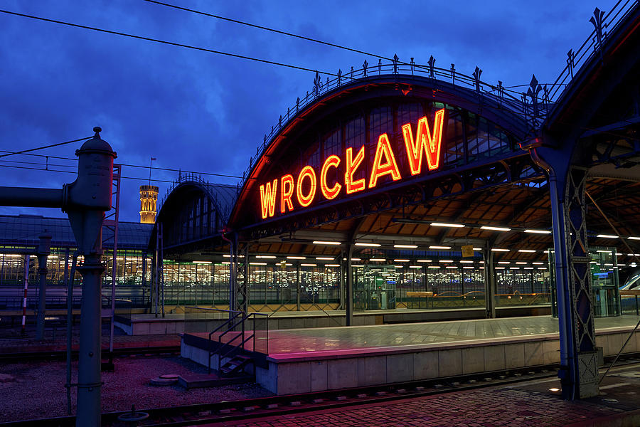 Platform of Wroclaw Glowny railway station at dusk Photograph by ...