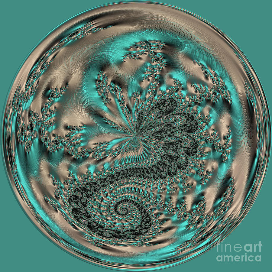 Abstract Digital Art - Platinum and Teal Fractal Orb 20 by Elisabeth Lucas