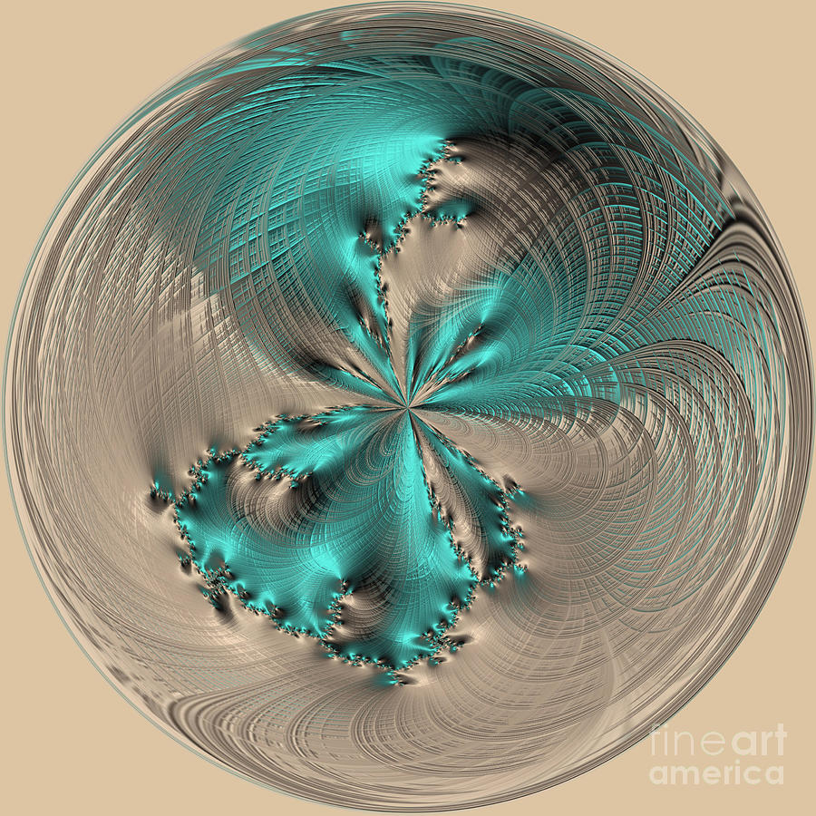 Abstract Digital Art - Platinum and Teal Fractal Orb 35 by Elisabeth Lucas