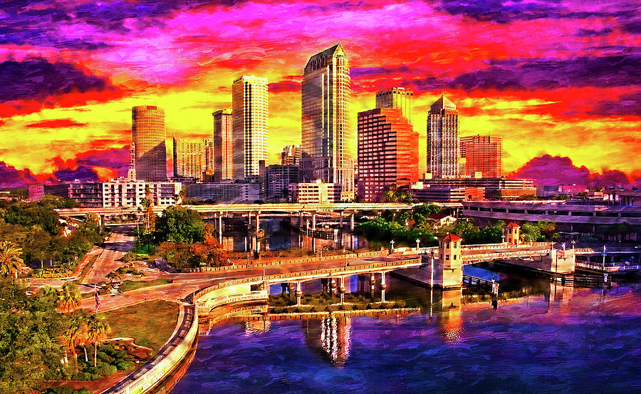 Platt Street Bridge and Brorein Street Bridge in downtown Tampa at sunrise - oil painting Digital Art by Nicko Prints