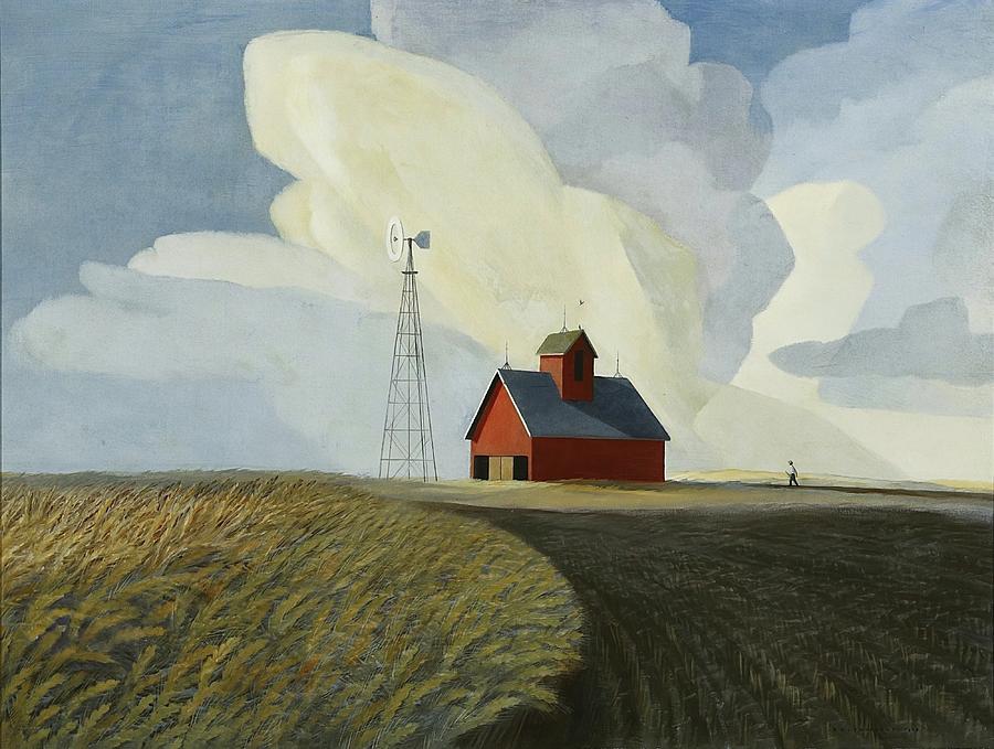 Platte Valley Summer - Landscape with red barn and windmill on the wheat field Painting by Dale William Nichols