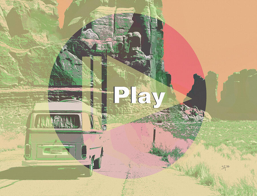 Play Button Overlay on Retro Road Trip Travel Poster Style Mixed Media by Shelli Fitzpatrick