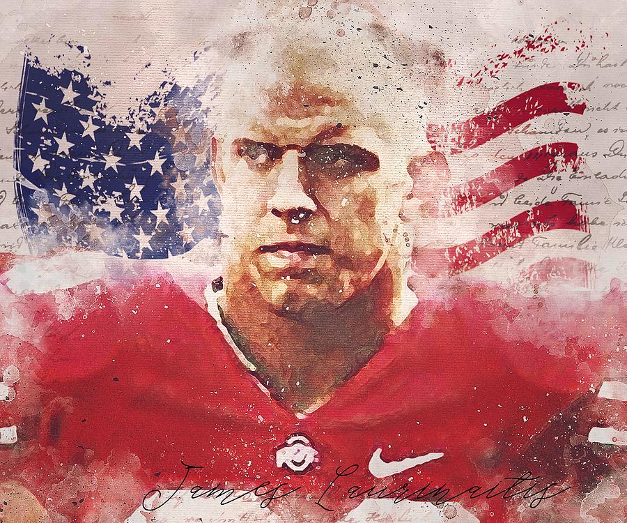 Player Football James Laurinaitis And Flag Usa Mixed Watercolor Mixed Media By Miller Ebony 2907