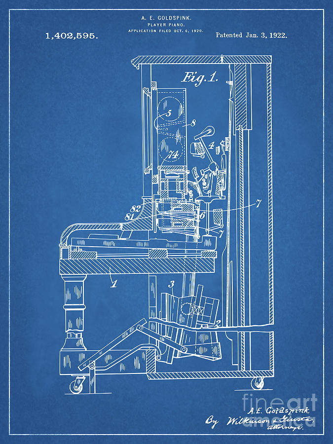 Player Piano Patent Print 1922 Vintage Musical Instrument Blueprint Art Mixed Media by Kithara Studio