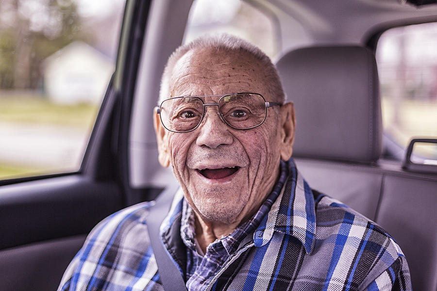 Playful 94 Year Old Grandpa Portrait in the Car Photograph by Willowpix