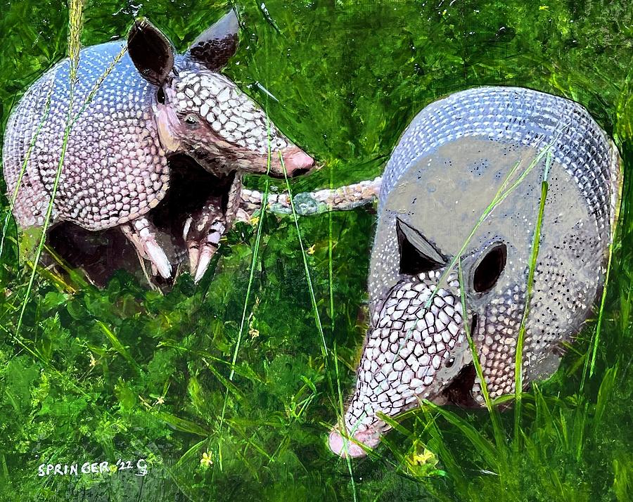 Playful Armadillos Painting by Gary Springer