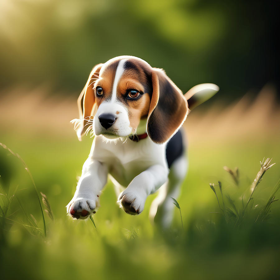 Playful Beagle Puppy running in a field.   Digital Art by Ray Shrewsberry