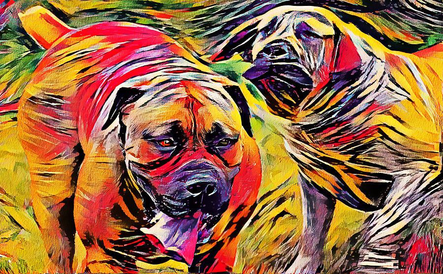 Playful Boerboel dogs - colorful violet, red and yellow Digital Art by Nicko Prints