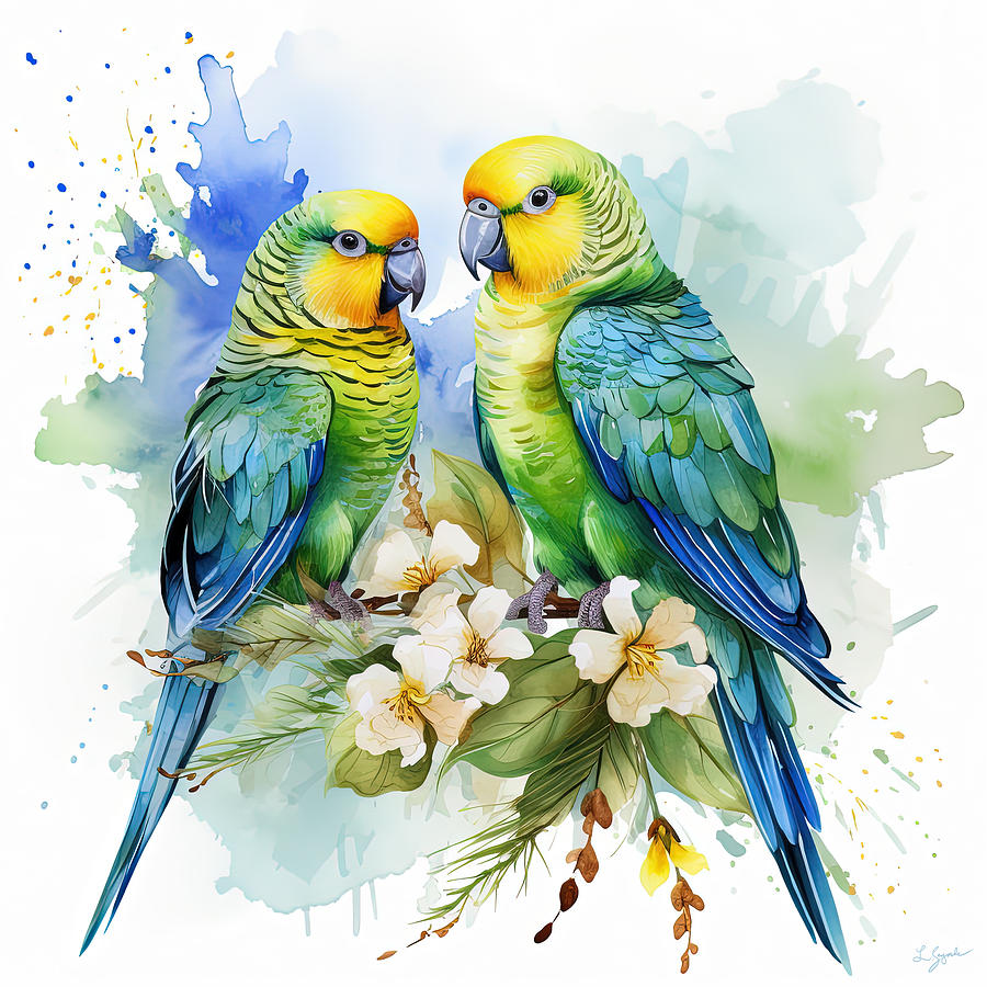 Playful Companions - Unique Parakeet Art for Bird Lovers and Nature Enthusiasts Painting by Lourry Legarde