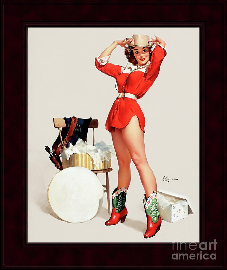Playful Cowgirl by Gil Elvgren Vintage Illustration Xzendor7 Art Reproductions Painting by Rolando Burbon