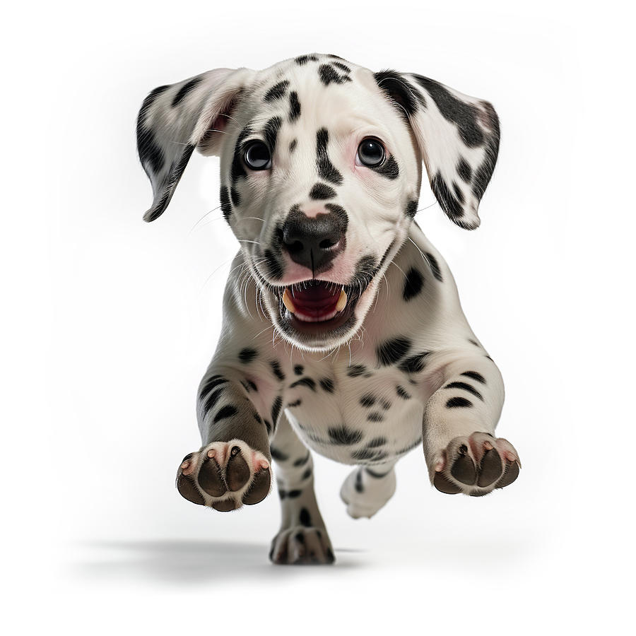 Animal Photograph - Playful Dalmatian Puppy Leaping with Joy on White Background by Good Focused