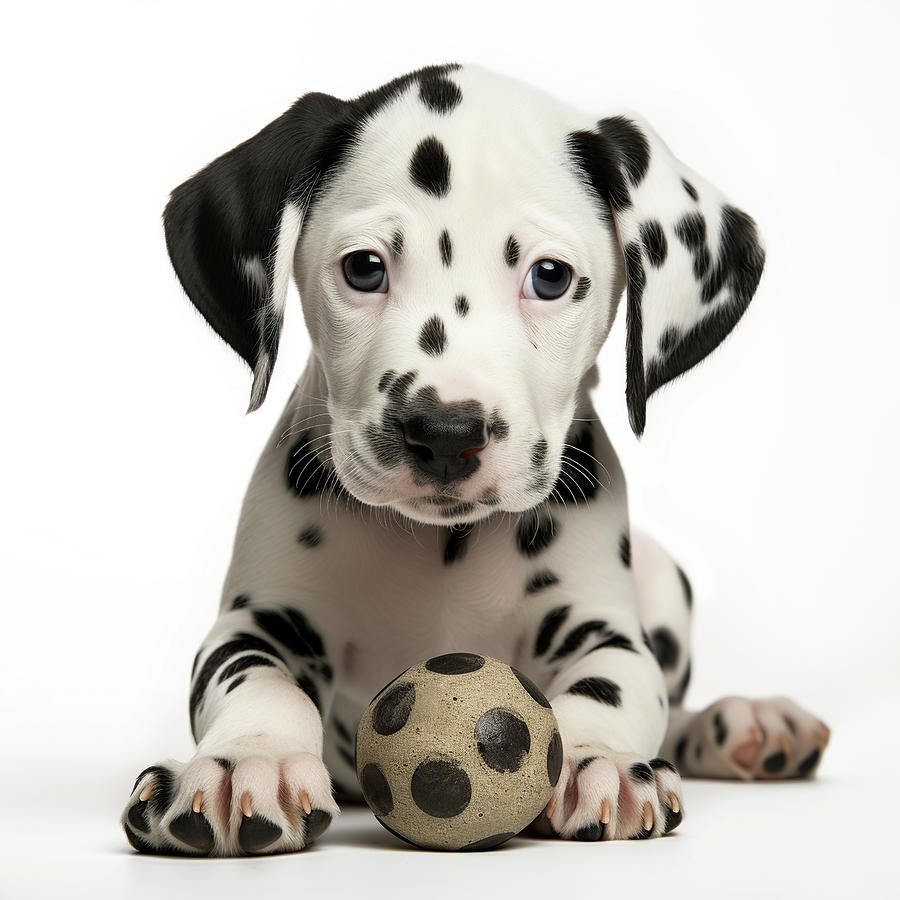 Animal Photograph - Playful Dalmatian Puppy with Toy Ball on White Background by Good Focused