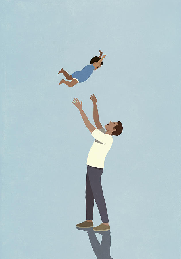 Playful father throwing toddler son overhead on blue background Drawing by Malte Mueller
