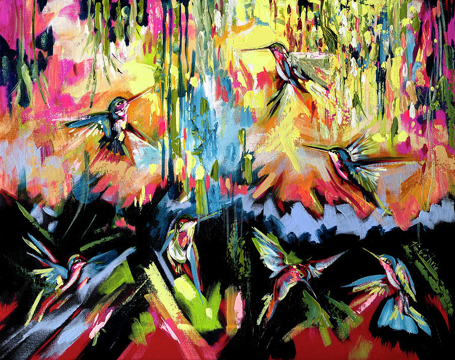 Playful Hummingbird Contemporary Oil Painting Painting