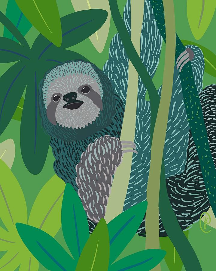 Playful Sloth Digital Art by Jen Hughes Designs