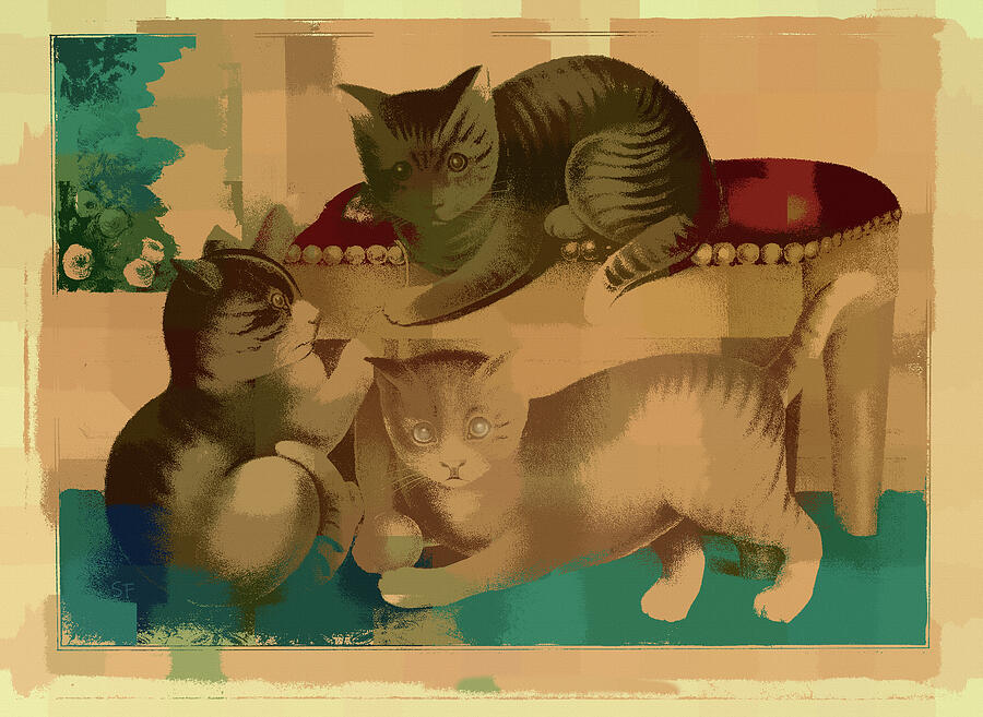Playful Vintage Kittens in Abstract  Mixed Media by Shelli Fitzpatrick