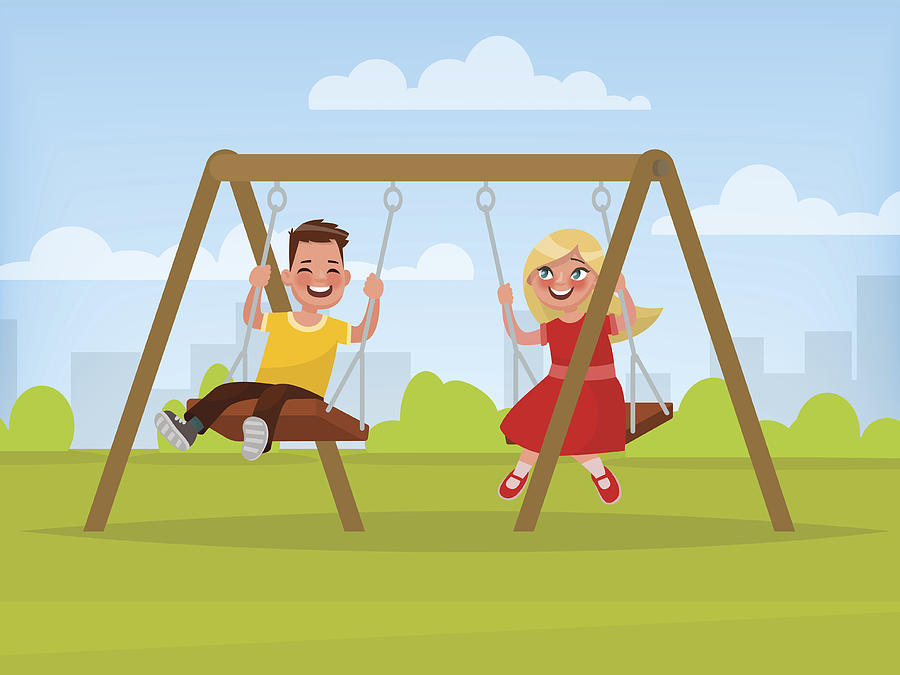 Playground. Children swinging on a swing. Vector illustration Drawing by Aleksey-martynyuk