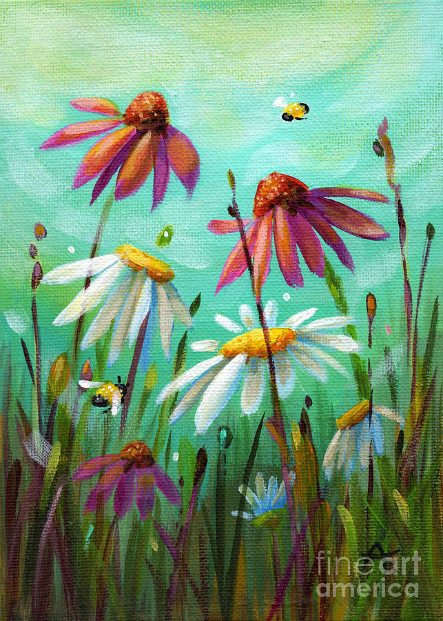 Playground Friends - Cone Flowers and Daisies Painting by Annie Troe
