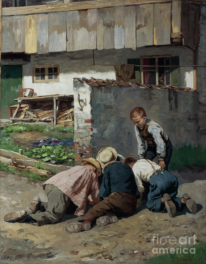 Playing boys, 1887 Painting by O Vaering by Jahn Ekenaes