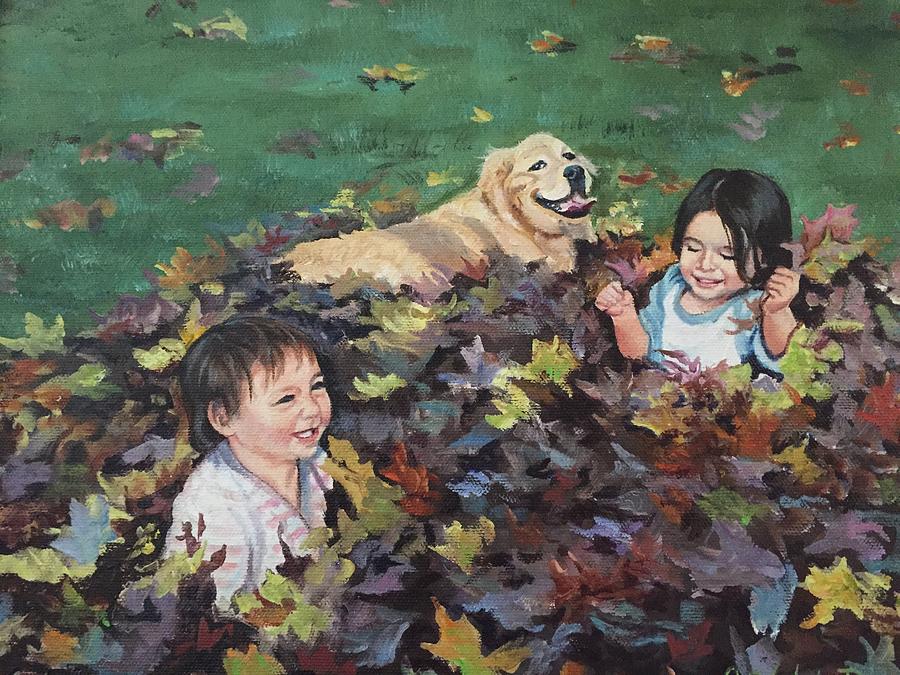 Playing in the Leaves Painting by Judy Rixom