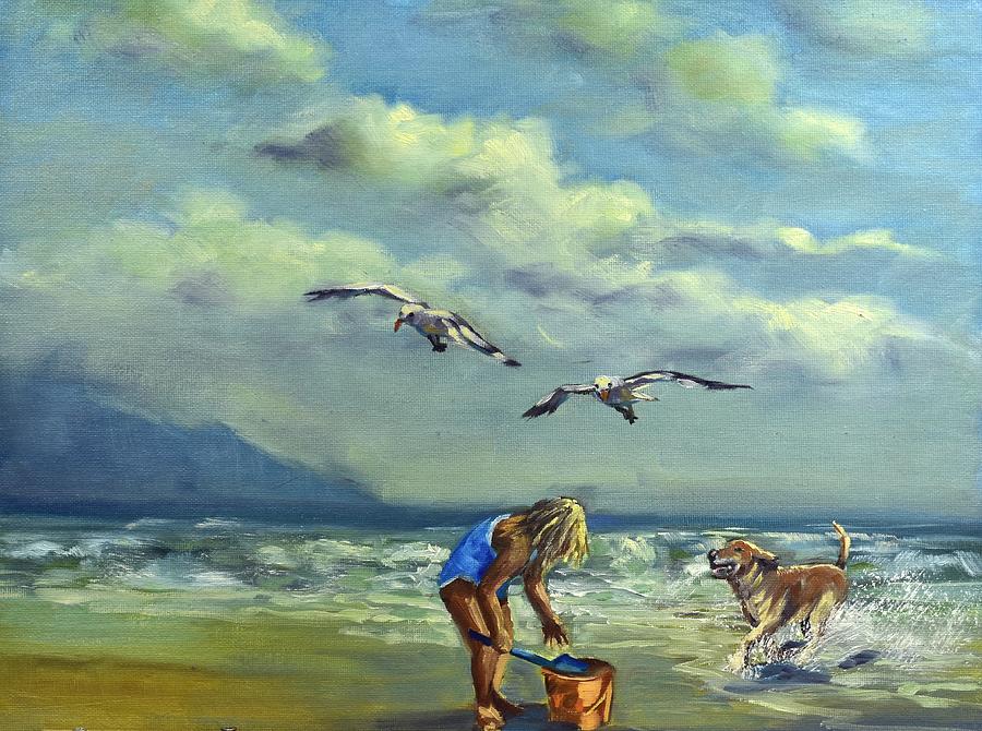 Playing on the beach Painting by Elisa Arancibia