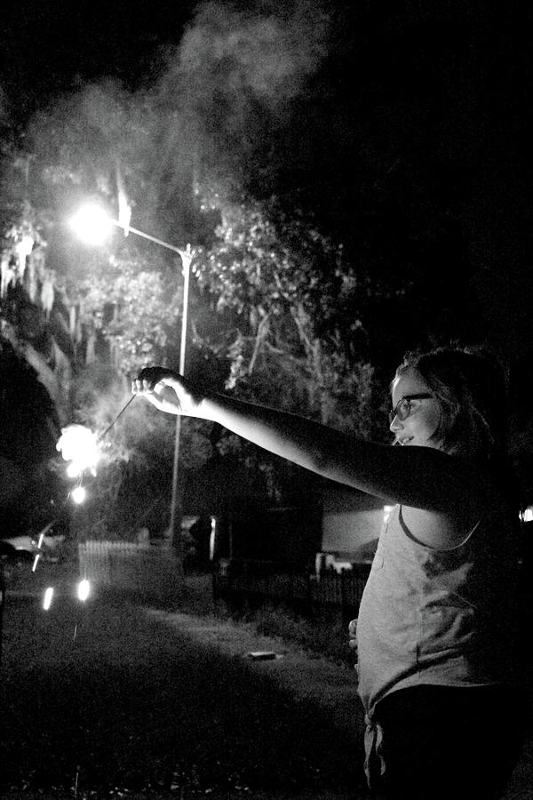 Playing With A Sparkler Black And White Photograph