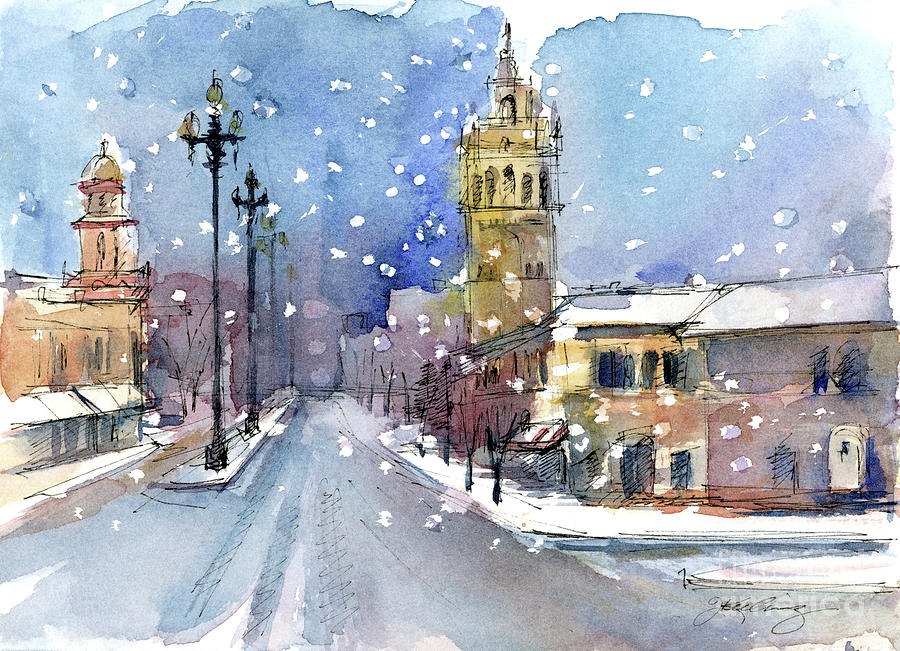 Plaza in winter Painting by John Keeling