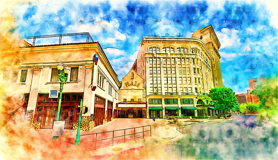 Plaza Theatre in El Paso, Texas - pen and watercolor Digital Art by Nicko Prints