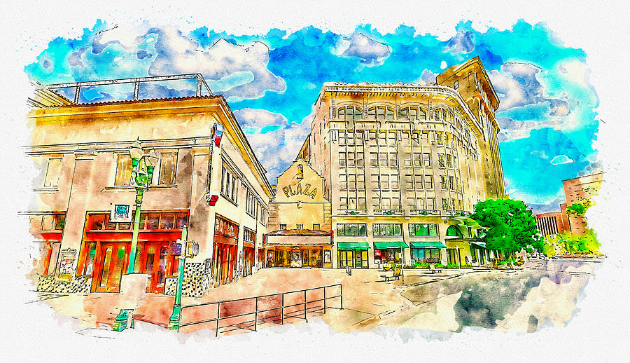 Plaza Theatre in El Paso, Texas - pen sketch and watercolor Digital Art by Nicko Prints