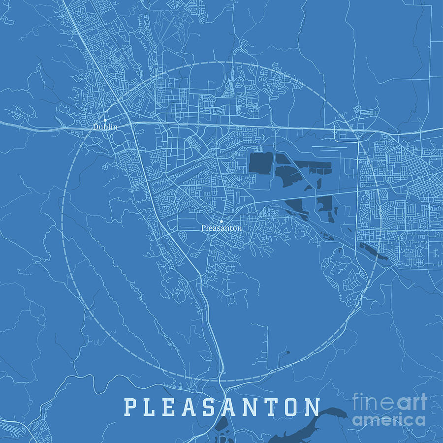 Pleasanton CA City Vector Road Map Blue Text Digital Art by Frank ...